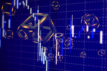 Multi Exposure of orange illuminated black metallic cube and candle stick graph chart under blue background. Concept image of block chain network technology and financial technology. 3D CG.