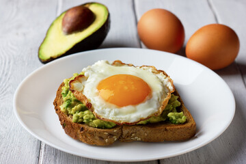 Whole grain toast with mashed avocado and fried egg on white plate. Tasty healthy breakfast.