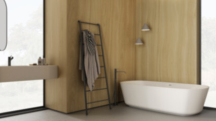 Blur background, cozy contemporary bathroom with wooden walls, bathtub, washbasin, mirror, accessories, ceramic tiles, rack, towels, pendant lamps, windows, interior design