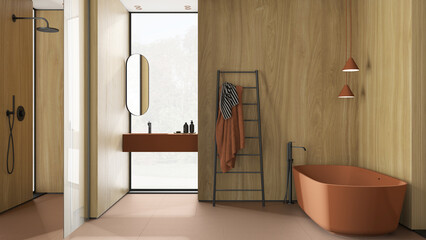 Cozy minimalist bathroom with wooden walls in orange tones, freestanding bathtub, washbasin with mirror and accessories, shower glass, ceramic tiles, pendant lamps, interior design