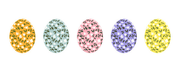 Set of Easter egg icons. Simple cartoon flat vector illustration with egg silhouettes with floral pattern print, isolated on white.