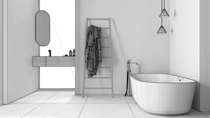 Unfinished project draft, modern minimalist bathroom, freestanding bathtub, washbasin with mirror and accessories, ceramic tiles floor, windows, pendant lamp, interior design concept