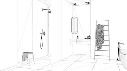 Blueprint project draft, cozy minimalist bathroom with wooden walls, bathtub, washbasin with mirror and accessories, shower with glass, ceramic tiles, windows, interior design concept