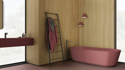 Cozy contemporary bathroom with wooden walls in red tones, bathtub, washbasin, mirror, accessories, ceramic tiles, rack with towels, pendant lamps, windows, interior design concept