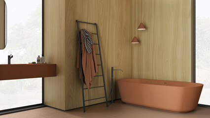 Cozy contemporary bathroom with wooden walls in orange tones, bathtub, washbasin, mirror, accessories, ceramic tiles, rack with towels, pendant lamps, windows, interior design concept