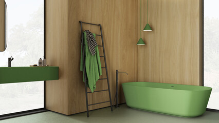 Cozy contemporary bathroom with wooden walls in green tones, bathtub, washbasin, mirror, accessories, ceramic tiles, rack with towels, pendant lamps, windows, interior design concept