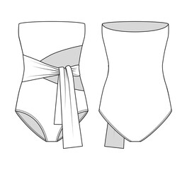 Fashion technical drawing of strapless cut out tie waist swimsuit