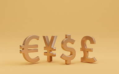 The main golden currency sign on yellow background include dollar yen euro and pound for trading forex and currency exchange concept by 3d render.