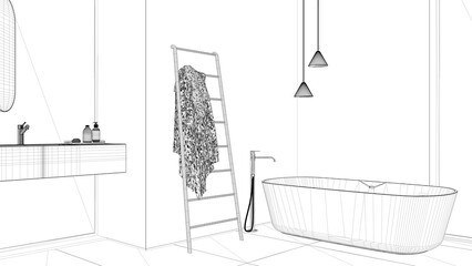 Blueprint project draft, cozy contemporary bathroom with wooden walls, bathtub, washbasin, mirror, accessories, ceramic tiles, rack, towels, pendant lamps, windows, interior design