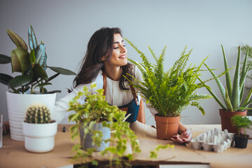Photo of a young woman, taking care of her houseplants.  Woman gardening in pots. Plant care....