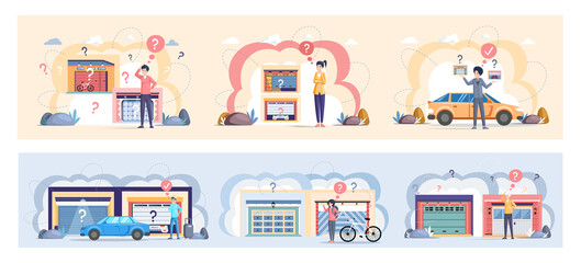 Fototapeta premium People choose garage with automatically opening doors to park transport. Selection of vehicle storage, place for automobile. Gates with lifting mechanism in garage for parking cars and storing goods