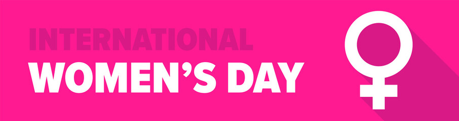 International Women's Day Banner. Web Banner Vector for Women's Day. International Women's Day Text on Pink Background with Female Gender Symbol