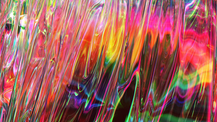 Folds on the surface of a transparent iridescent fabric. Pink yellow color. Texture. Close-up. 3d illustration