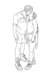 Fototapeta na wymiar Standing line art drawing of Couple kissing each other.