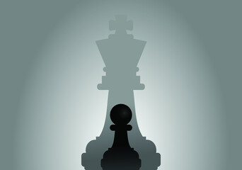 Black chess pawn with king's shadow concept of successful and ambitious vision illustration vector.