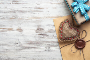 Flat lay cute composition with fabric heart