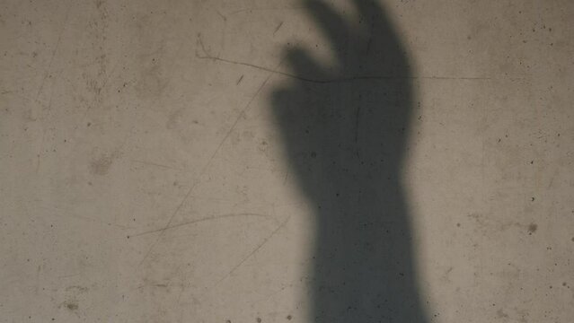Shadowplay on concrete wall by female hand at golden hour in slow motion and 4K at 25fps.
