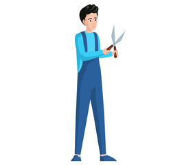 Young man standing with garden shears isolated on white background. Gardener or worker in jumpsuit with foliage scissors. Guy cares for garden. Male character holding scissors to cut bushes