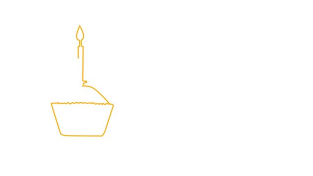 Self Drawing animation One orange line drawing a cupcake with a candle and writing happy birthday seamless video