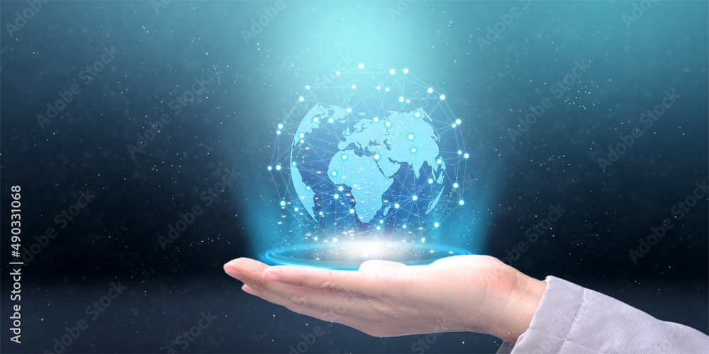 Poster double exposure of businessman's hand touching a circle worldwide network connection and data transf