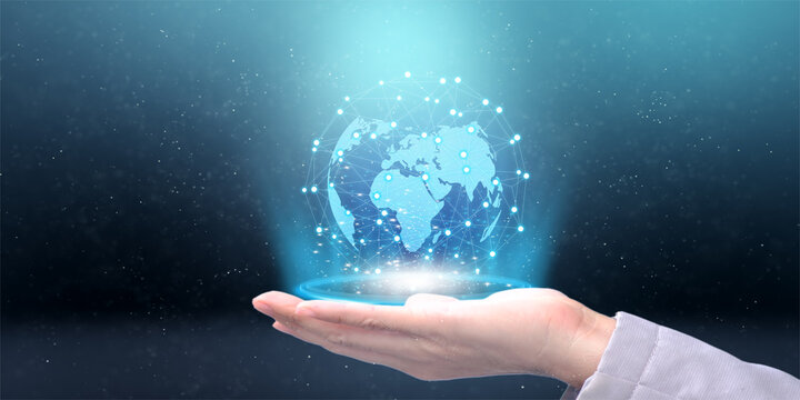 Double Exposure Of Businessman's Hand Touching A Circle Worldwide Network Connection And Data Transfers On A Blue Background, Business Networking With Consumer, Science, Innovation, Communication