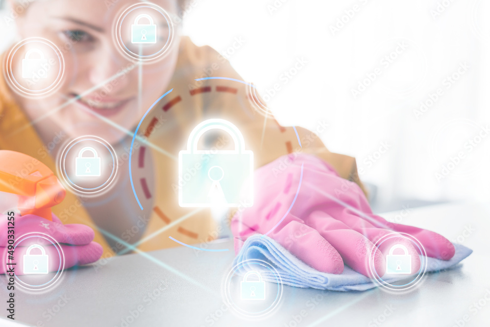 Poster cyber security network. padlock icon and internet technology networking. businessman protecting data