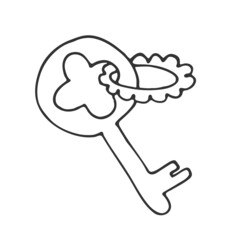 Graphic Illustration with an old key with a keychain on a white background in line art style