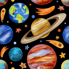 Hand Drawing Watercolor seamless pattern of Solar System Space Palnets. Watercolour in paper pattern background. Use for poster, flyers, print, design, fabric, shop, market, card, postcard, clothes