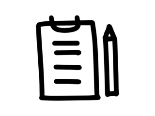 クリップボードとペンの手描き線画イラスト_モノクロ