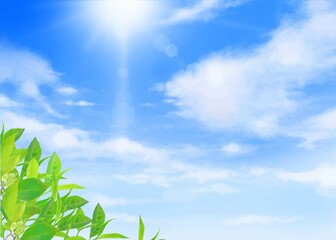 Obraz na płótnie Canvas 太陽の光が差し込む雲のある青空に新緑の美しい花と葉っぱの初夏フレーム背景素材