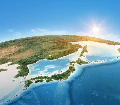 Physical map of Planet Earth, focused on Japan, North and South Korea. Satellite view of East Asia, sun shining on the horizon. 3D illustration - Elements of this image furnished by NASA
