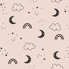 Cute seamless pattern of childish starry sky. Moon with stars in the background. Vector simple children's hand drawn background in cartoon style.