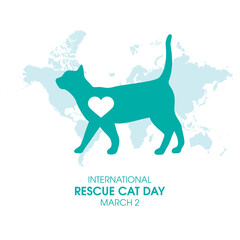 International Rescue Cat Day vector. Domestic cat with heart shape silhouette icon vector. Rescue Cat Day Poster, March 2. Important day