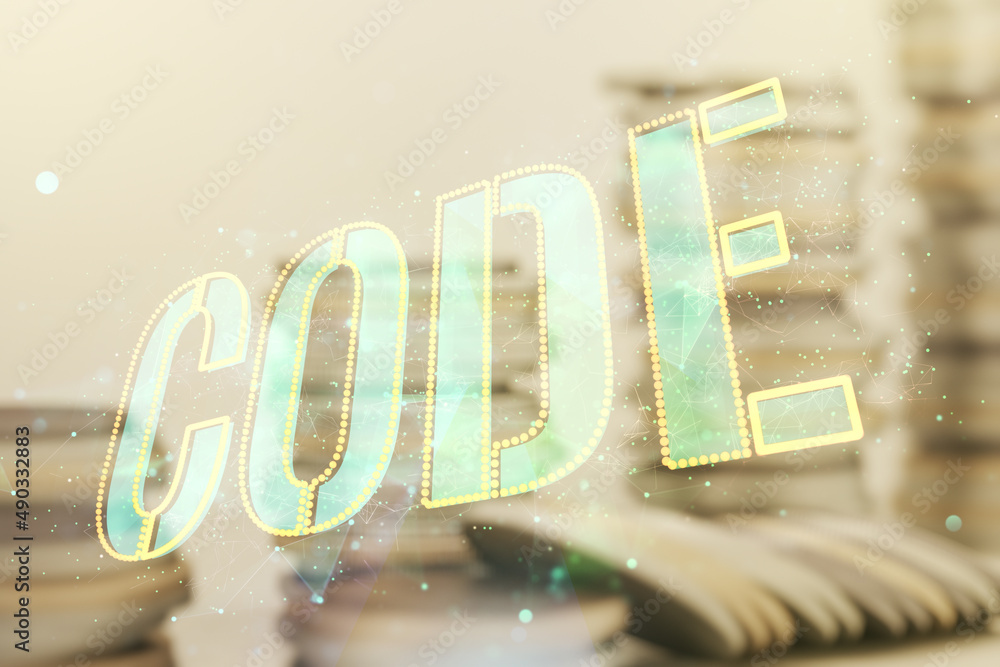 Poster code word hologram on growing stacks of coins background, artificial intelligence and neural network