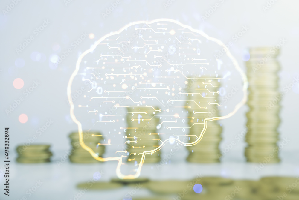 Poster double exposure of creative artificial intelligence interface on growing stacks of coins background.