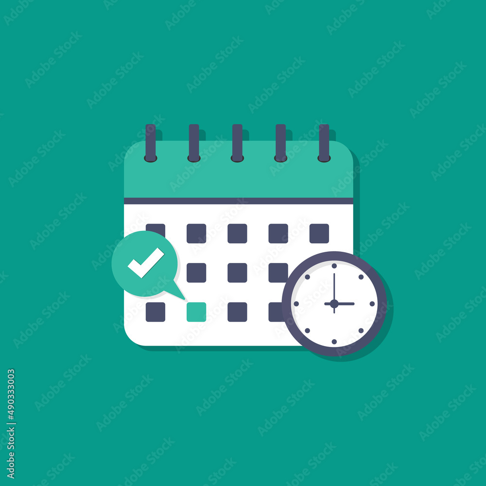 Poster calendar deadline with check and clock flat design vector