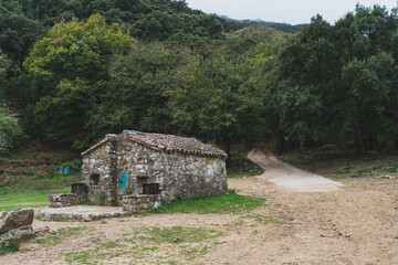 Fototapeta premium Paisaje de bosque con pequeña cabaña de piedra en el camino