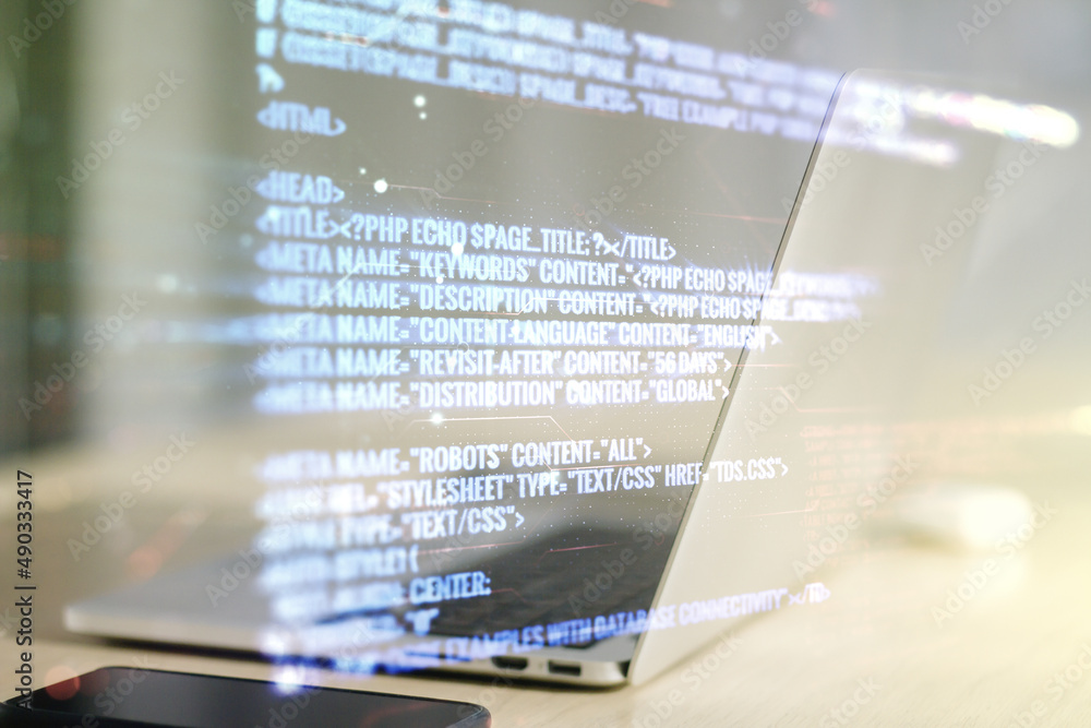 Poster double exposure of abstract creative programming illustration on computer background, big data and b
