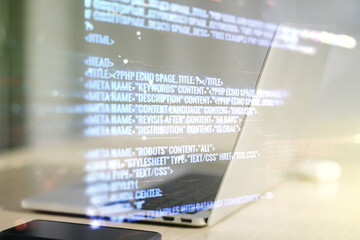 Double exposure of abstract creative programming illustration on computer background, big data and blockchain concept