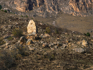 An ancient sanctuary high in the mountains for religious rites. A stone building for prayers in an ancient city.