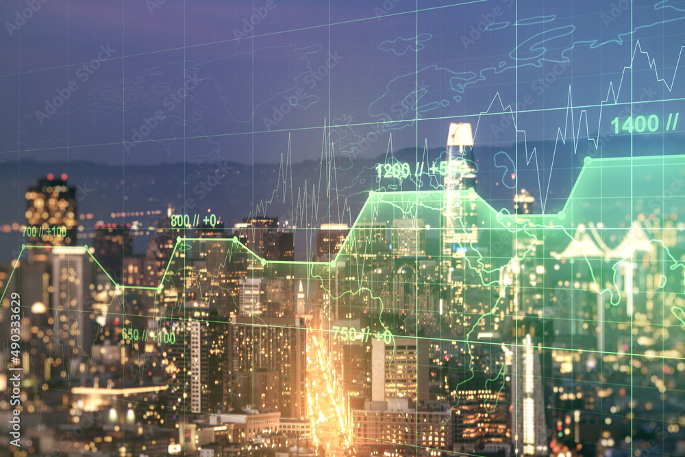 Poster Abstract virtual analytics data spreadsheet on San Francisco cityscape background, analytics and analysis concept. Multiexposure