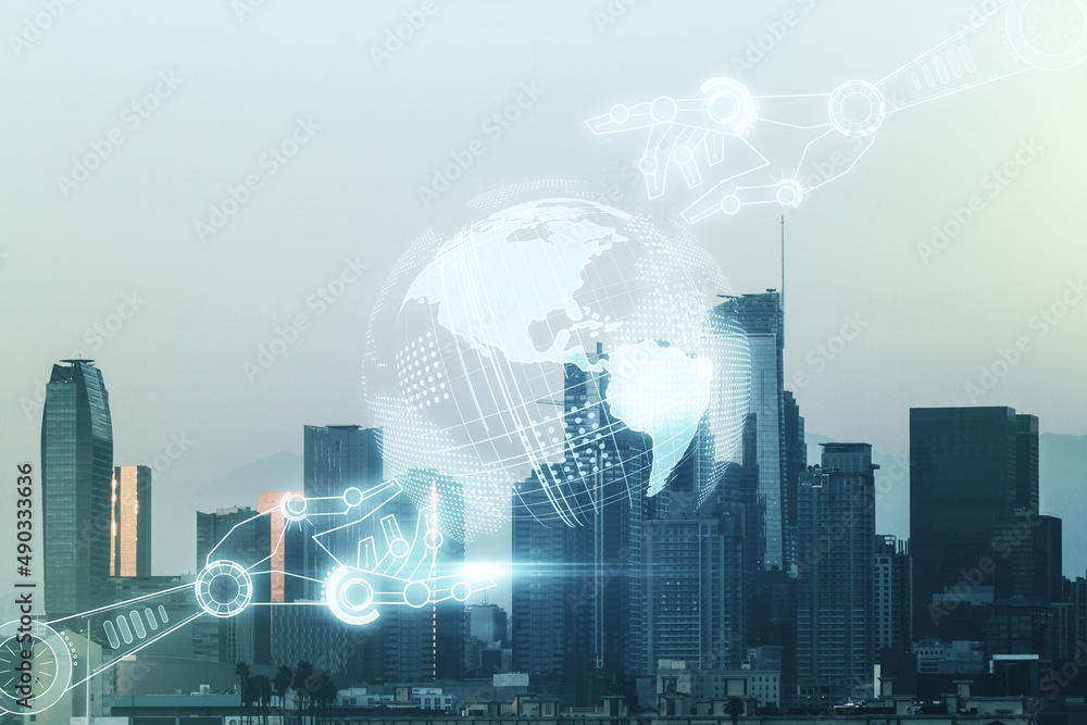 Aufkleber double exposure of abstract virtual robotics technology with world map hologram on los angeles city 