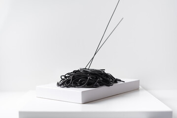 Espaguetis negros de tinta de sepia en un plato blanco sobre fondo blanco	