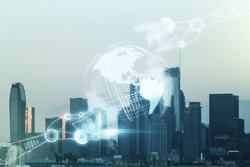 Plakat Double exposure of abstract virtual robotics technology with world map hologram on Los Angeles city skyscrapers background. Research and development software concept