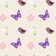 pattern with flovers, bird and butterfly