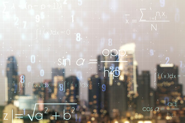 Scientific formula hologram on blurry office buildings background, research concept. Multiexposure