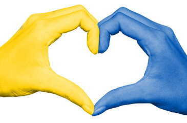 Ukrainian yellow and blue flag on hands forming a heart isolated on white background, Ukraine war...