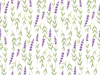 Wild lilac flowers Seamless pattern. Lavender plant. Vector flat grass lavender Illustration. For wallpaper, print, textile, scrapbooking, cover desig. Medical plant. For birthday, wedding Invitation
