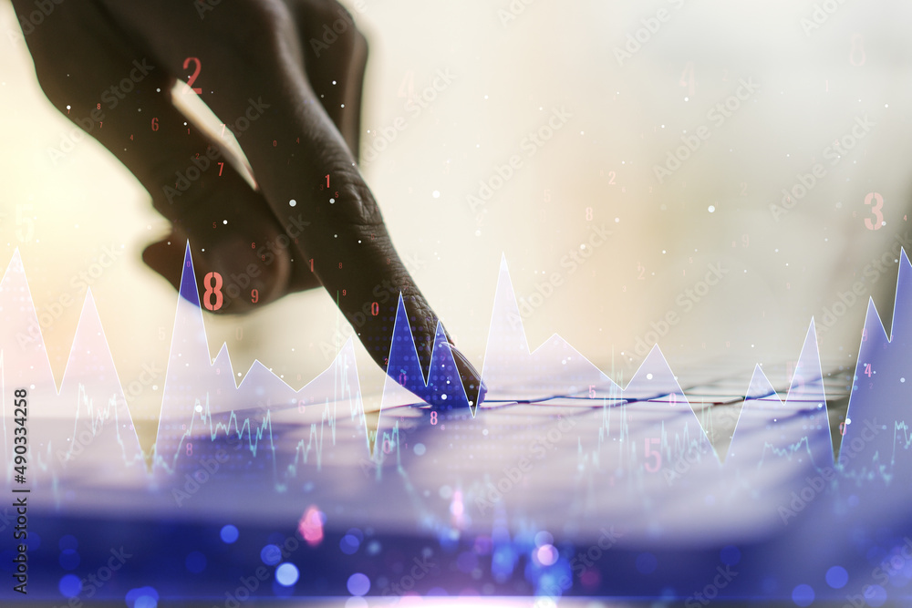 Aufkleber double exposure of abstract creative statistics data hologram with hands typing on laptop on backgro