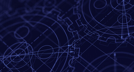 Blueprints engineer technician design drawing mechanical gear engineering Engine factory Industry Industrial technology project abstract presentation cover banner background. 3d rendering.